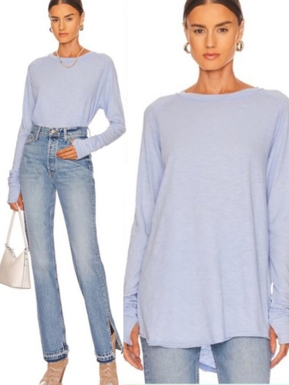 Free People We the Free Arden Tee Size M Rain Light Blue 100% Cotton Longline - Picture 2 of 16